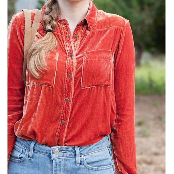 Anthropologie Holding Horses Rust Orange Crushed Velvet Silk Button Down Size S - Picture 3 of 15
